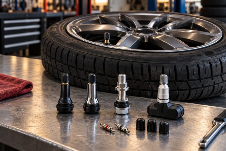 Several different types of metal and rubber tire valve stems and TPMS sensors arranged on a workshop metal workbench with a car wheel in the background