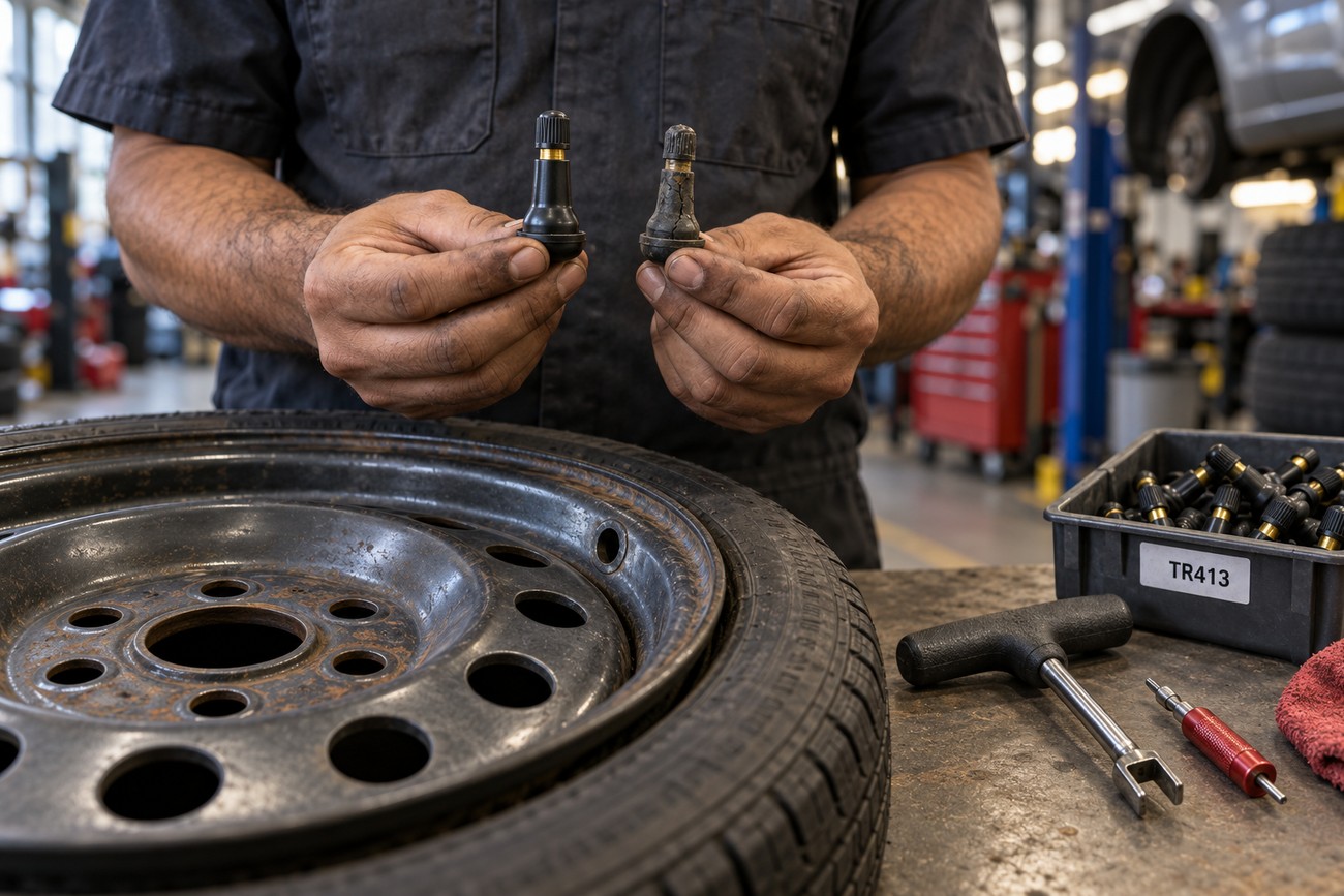 Mechanic holding a new and a damaged tire valve stem above a wheel in an auto repair shop