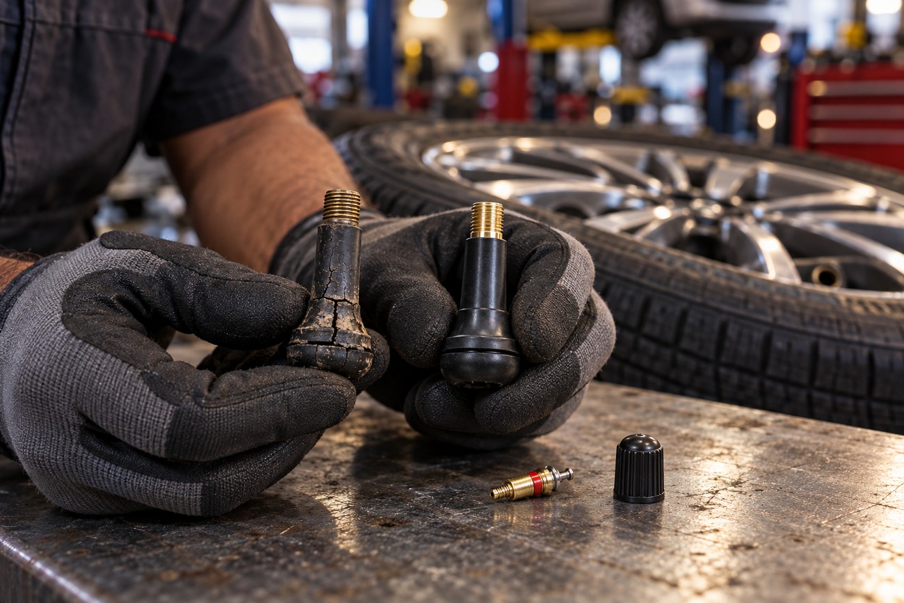 Mechanic wearing work gloves holding a cracked old tire valve stem next to a new one on a workbench in an auto shop