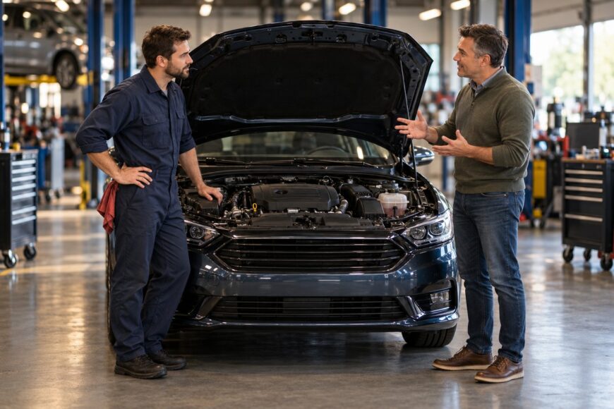 Car mechanic in blue overalls talking to a customer in front of an open car engine in a repair shop