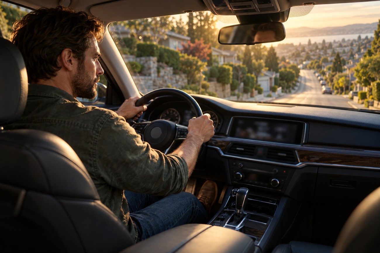 A man driving a car on a sunny suburban street holding the steering wheel