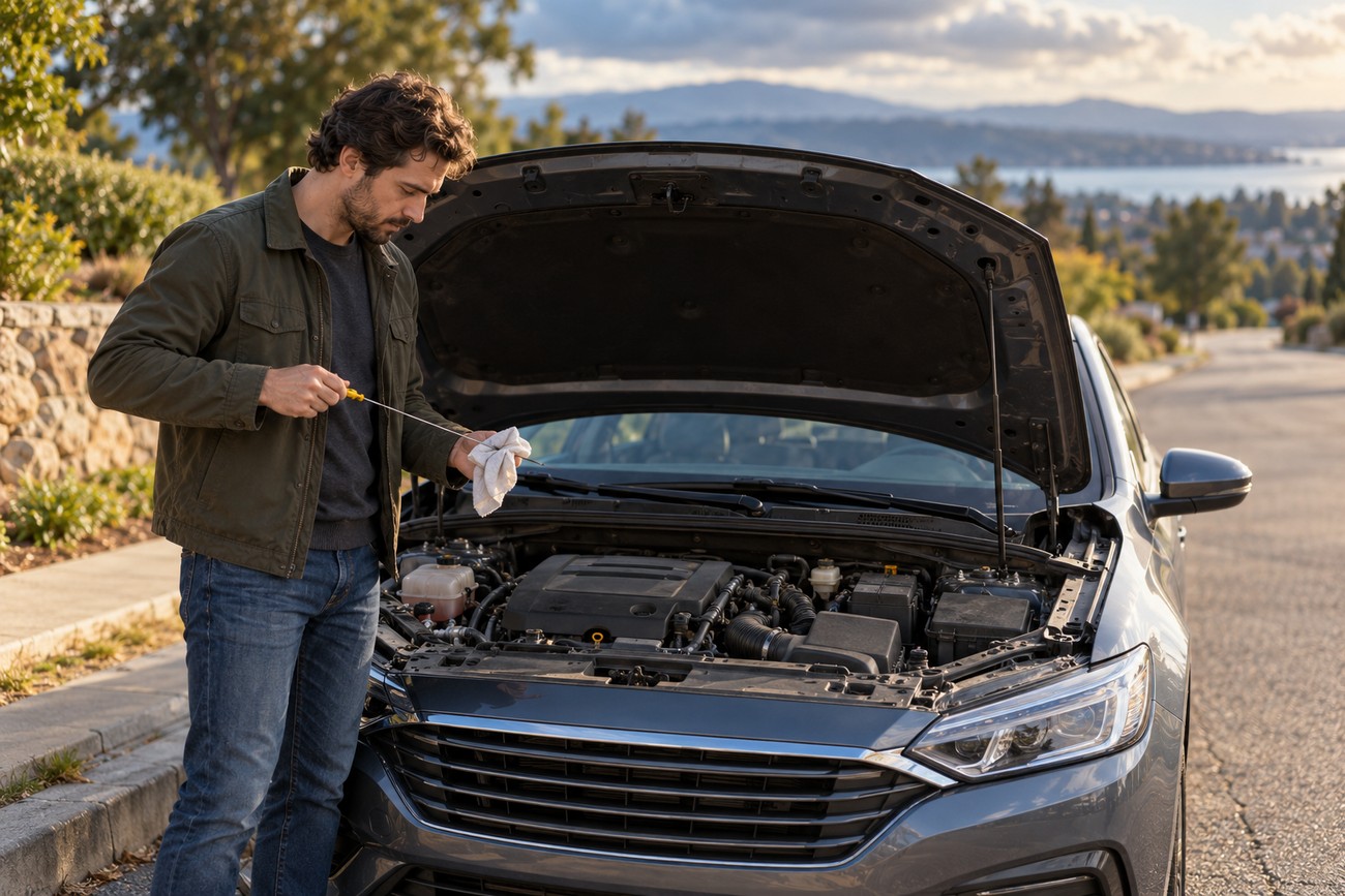 A man in a jacket checks the engine oil with a rag in front of an open car hood outdoors