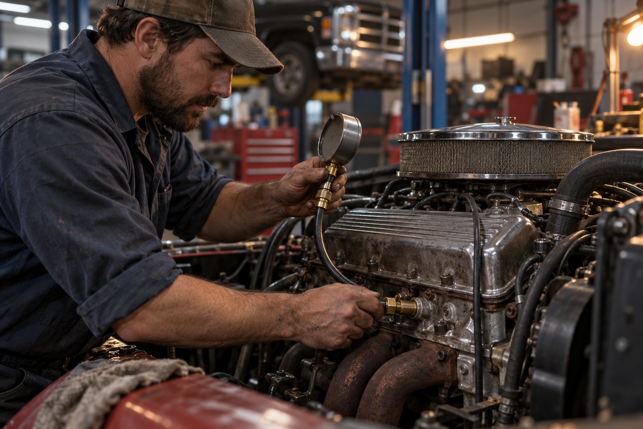 A bearded mechanic in a cap uses a pressure gauge to test a car engine in a repair shop