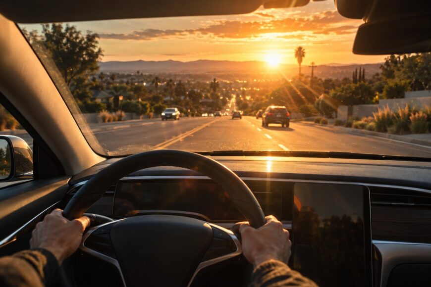 Driver holding the steering wheel of a Tesla Model S while facing a blinding sunset on a suburban road