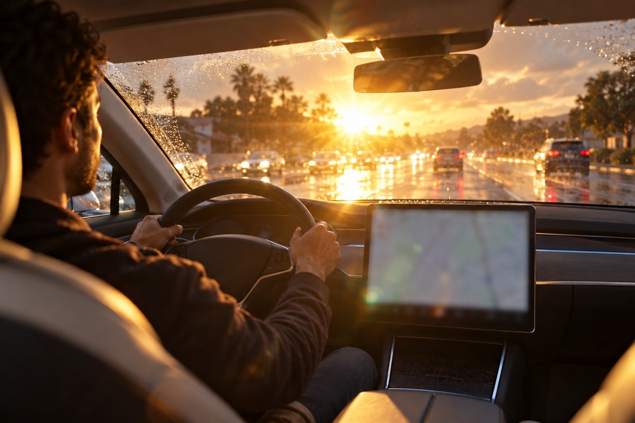 Driver holding the steering wheel of a Tesla Model S while facing a blinding sunset through a wet windshield