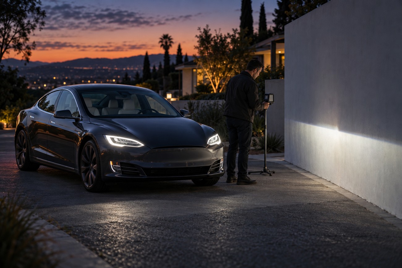 A man stands next to a dark Tesla Model S at sunset, measuring headlight brightness against a wall