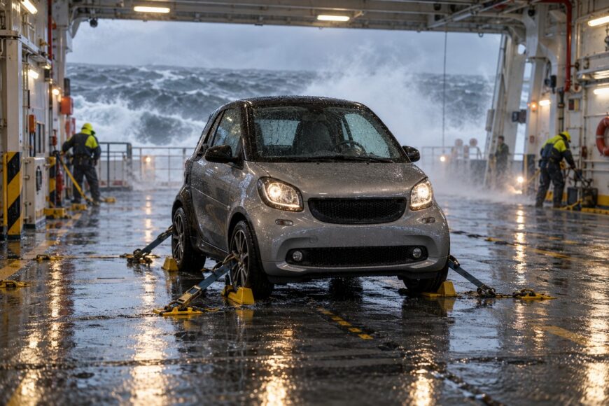 Silver Smart Fortwo secured with straps and wheel chocks on a wet ferry deck during a stormy ocean crossing