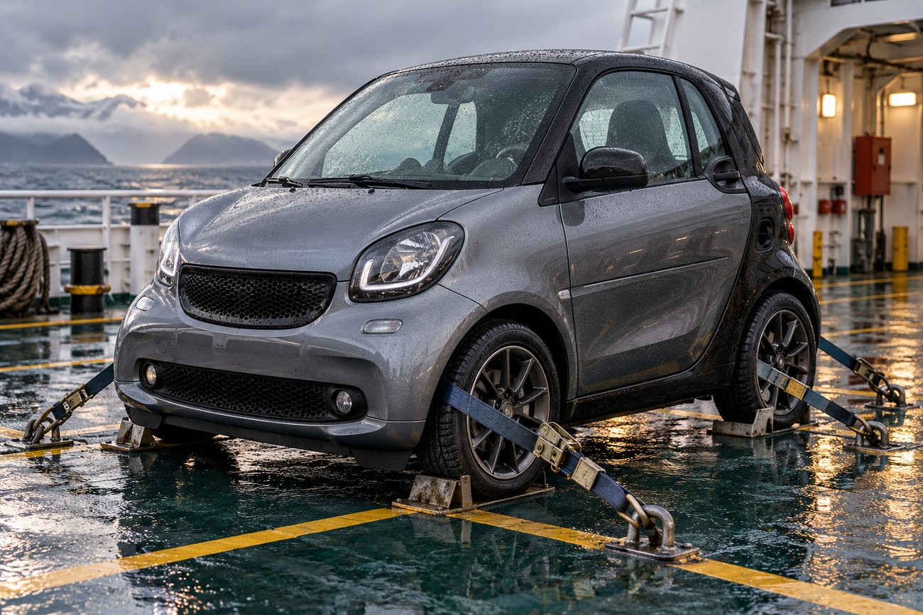 A grey Smart Fortwo secured with ratchet straps on a wet ferry car deck during a storm