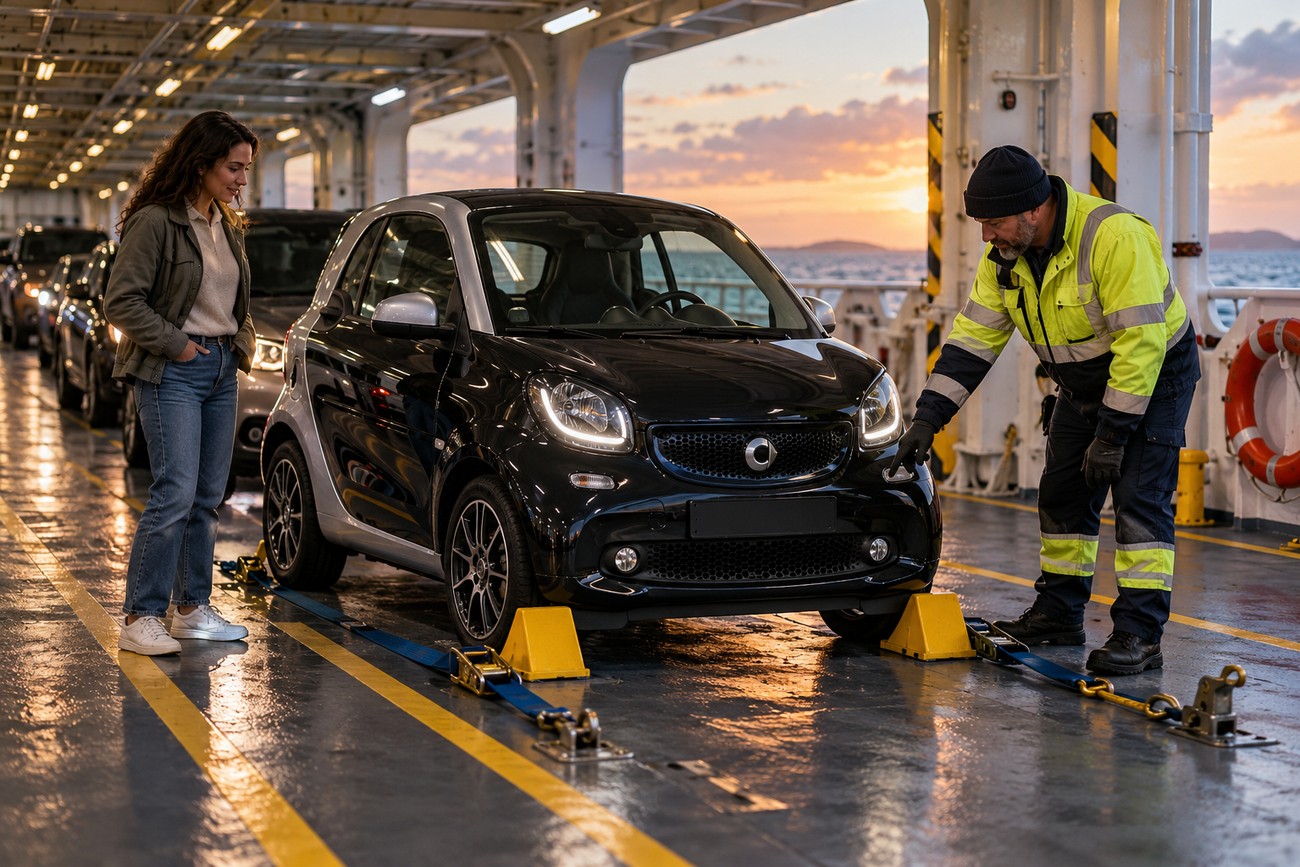 A ferry crew member in high visibility jacket secures a black Smart Fortwo with yellow wheel chocks and blue straps on a wet vehicle deck