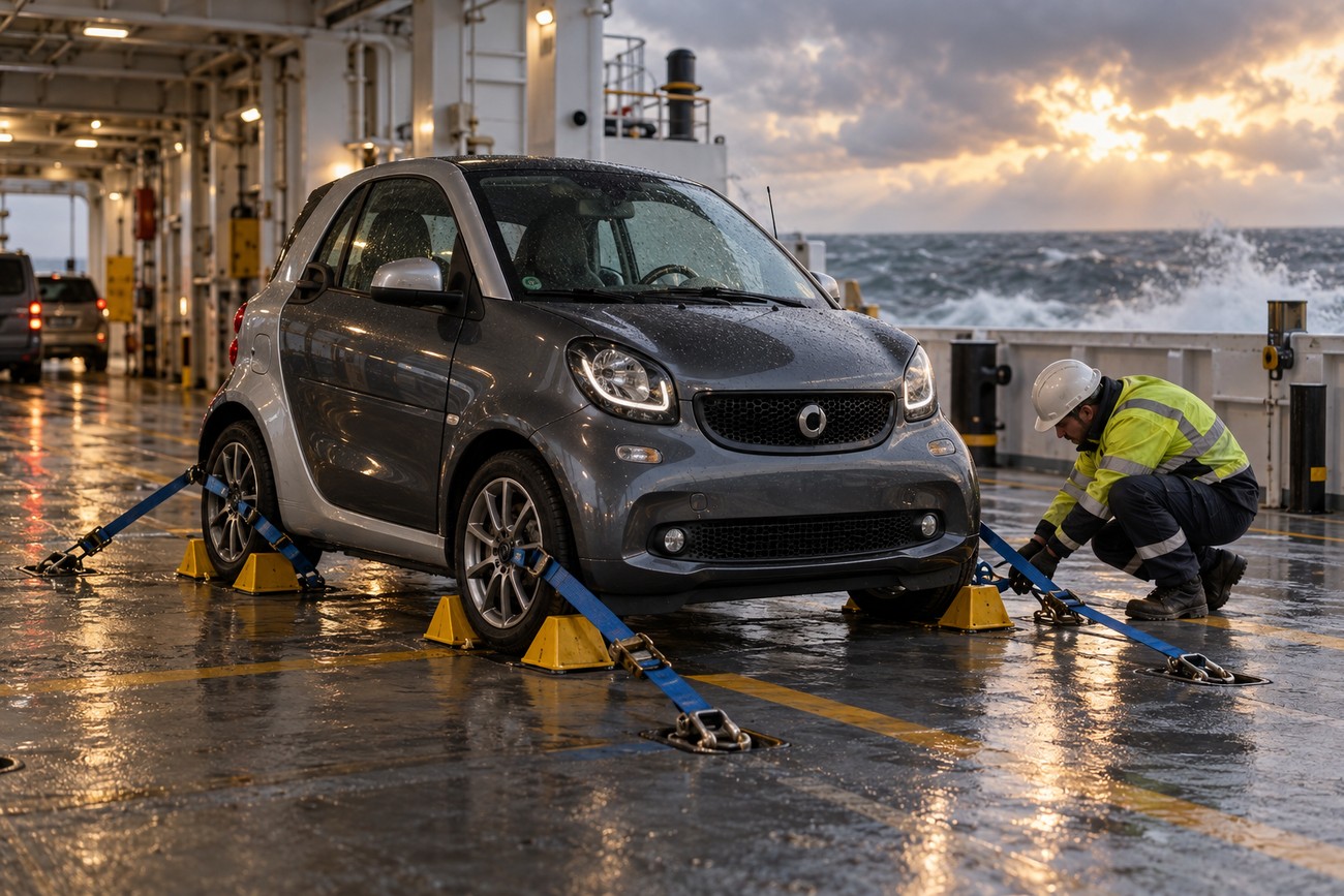 A crew member in a safety vest and hard hat secures a grey Smart Fortwo with straps on a wet ferry deck during stormy weather