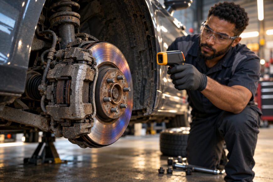 Mechanic wearing protective glasses and gloves checks brake rotor temperature with an infrared thermometer in a workshop