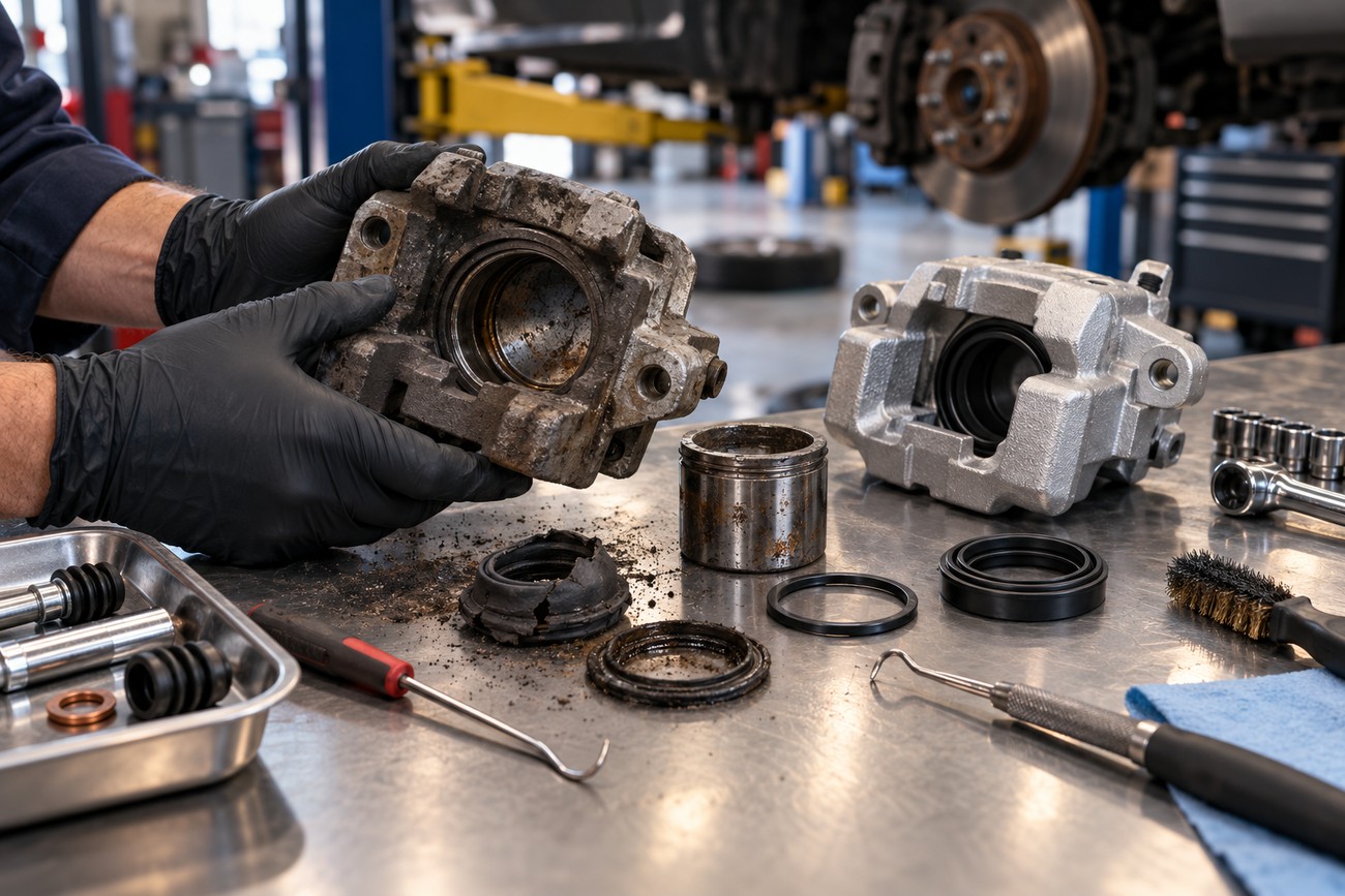 Mechanic in black gloves holding a rusty brake caliper at a workbench with disassembled parts and tools