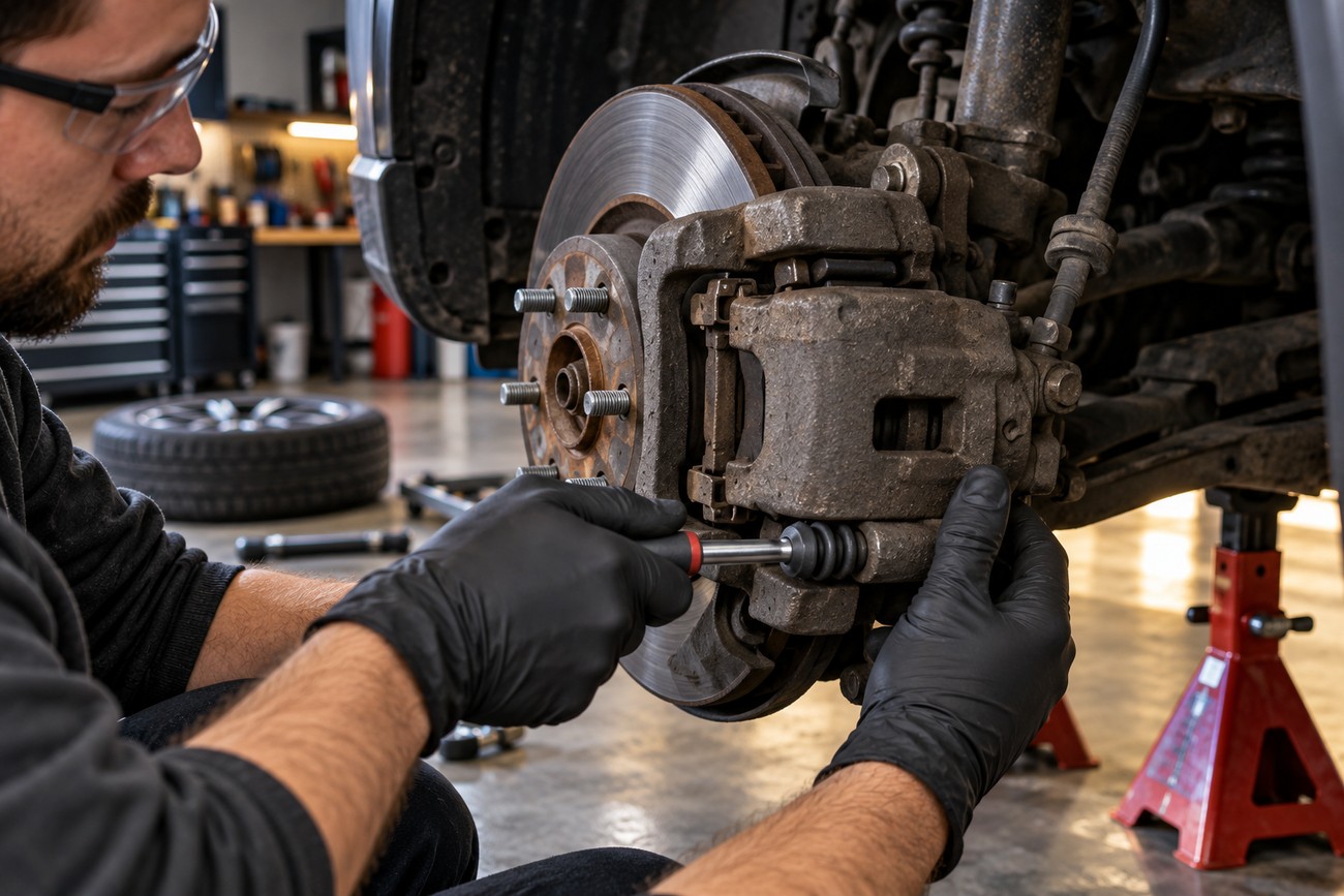A mechanic wearing black gloves and safety glasses repairing a car brake caliper in an auto shop