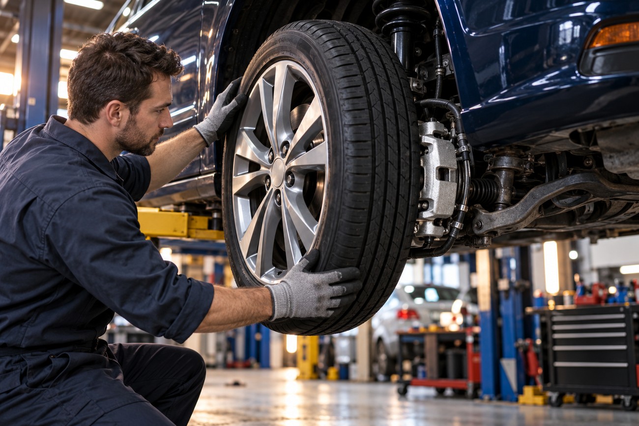 A professional mechanic wearing gloves removing the wheel to access the brake caliper in an auto repair shop