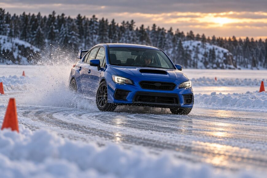A blue Subaru WRX drifting on a frozen lake track surrounded by snow and orange cones during a winter sunset