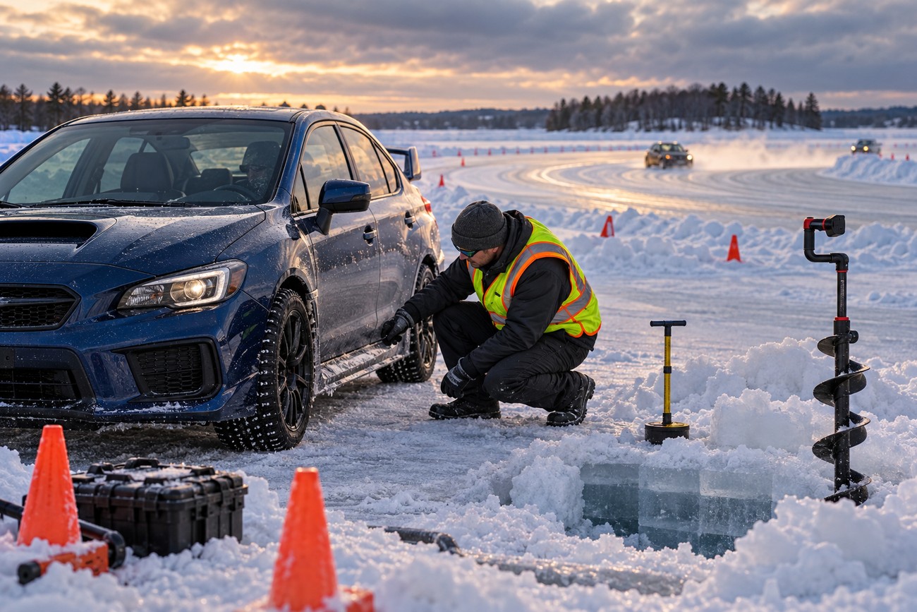A blue Subaru WRX parked on a frozen lake track in Minnesota while a worker in a safety vest kneels beside it