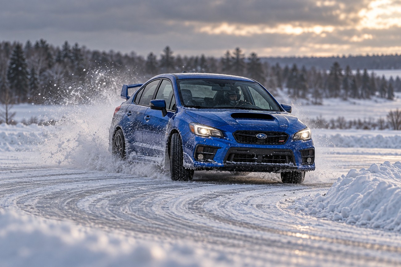 A blue Subaru WRX drifting and kicking up snow on an ice track surrounded by winter trees