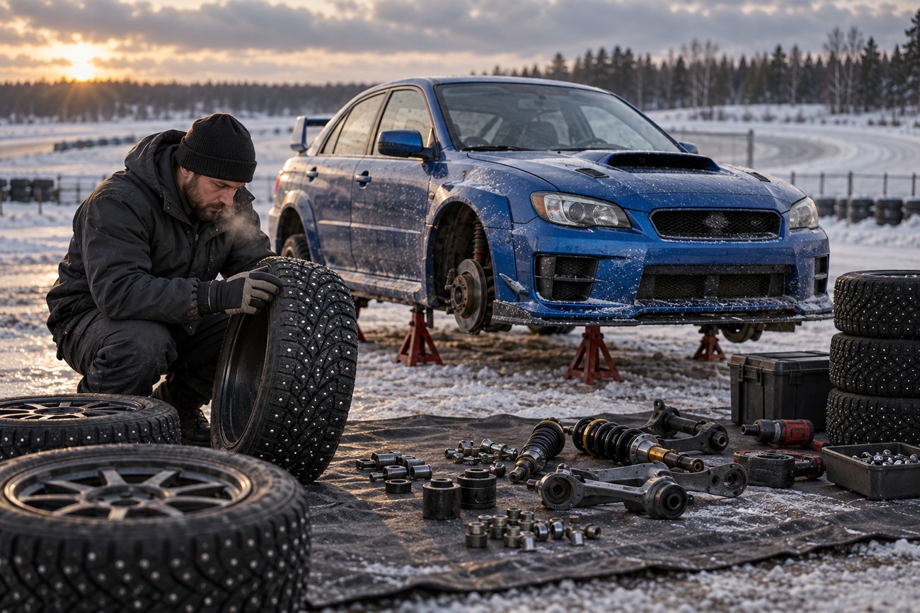 A mechanic kneeling in the snow inspects a studded tire next to a blue Subaru WRX on jack stands with tools and suspension parts laid out on a mat