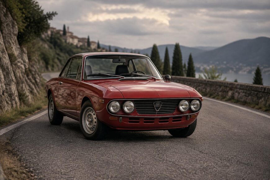 Classic red Lancia Fulvia Coupe parked on a winding mountain road overlooking a lake