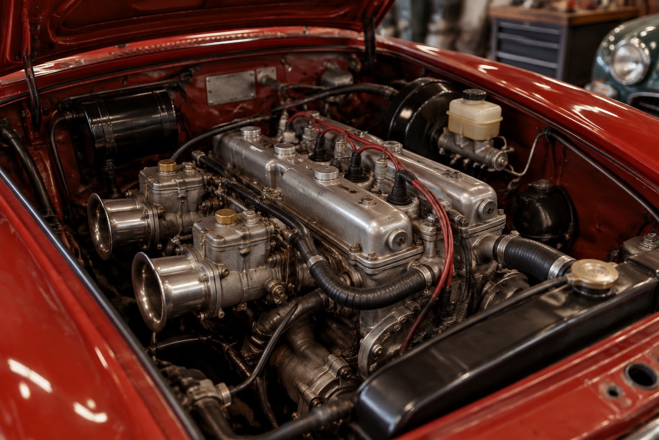 Detailed close-up view of the classic V4 engine bay with twin carburetors under the hood of a red Lancia Fulvia Coupe