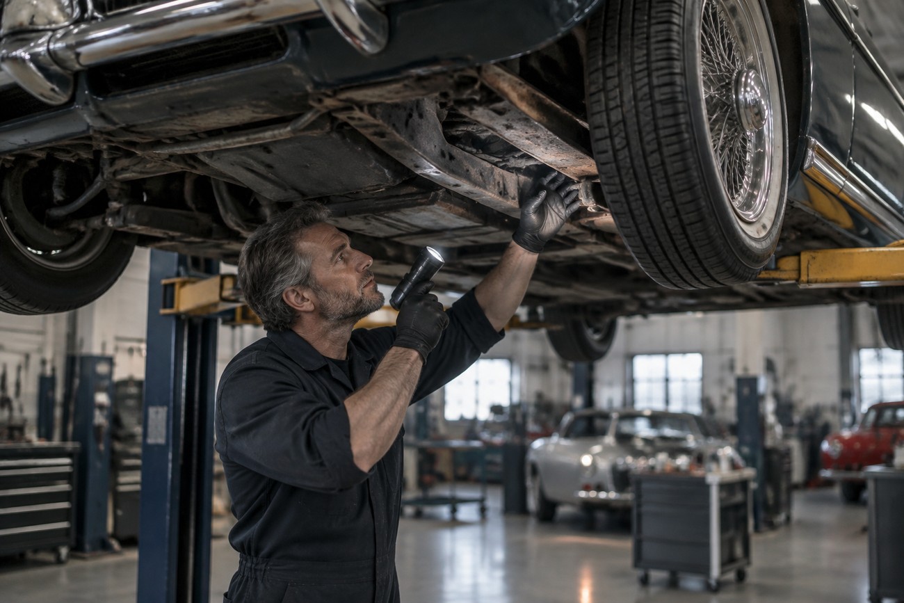 A mature mechanic in black overalls inspecting the rusty undercarriage of a lifted classic car with a flashlight in a garage