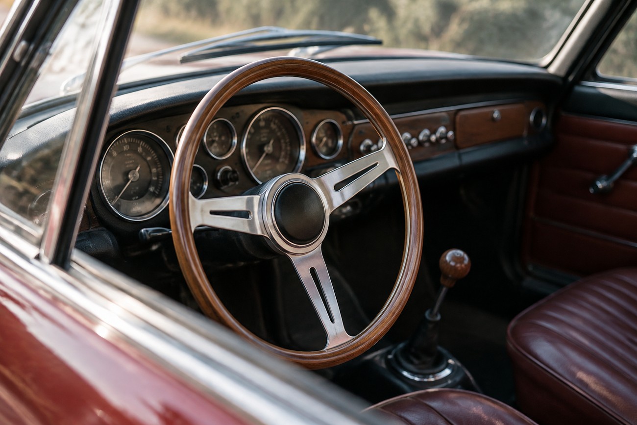 Classic interior of a Lancia Fulvia Coupe focusing on the vintage wooden steering wheel and dashboard gauges