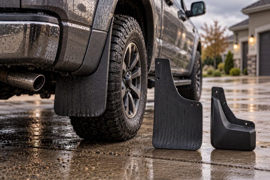 A pickup truck parked on a wet driveway with mud flaps installed behind the rear tire alongside two standalone splash guards