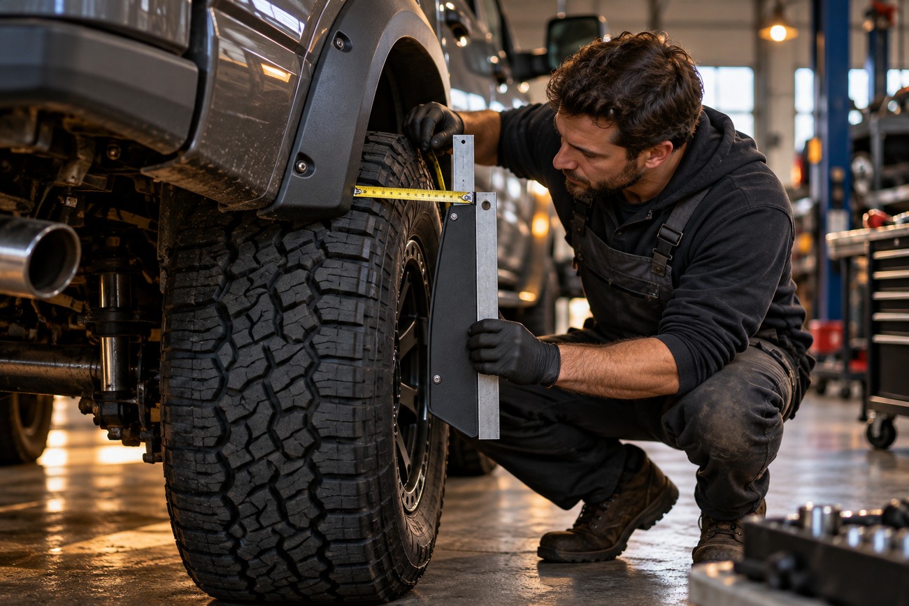 A mechanic wearing gloves measures and installs a custom mud flap on a truck wheel in a garage
