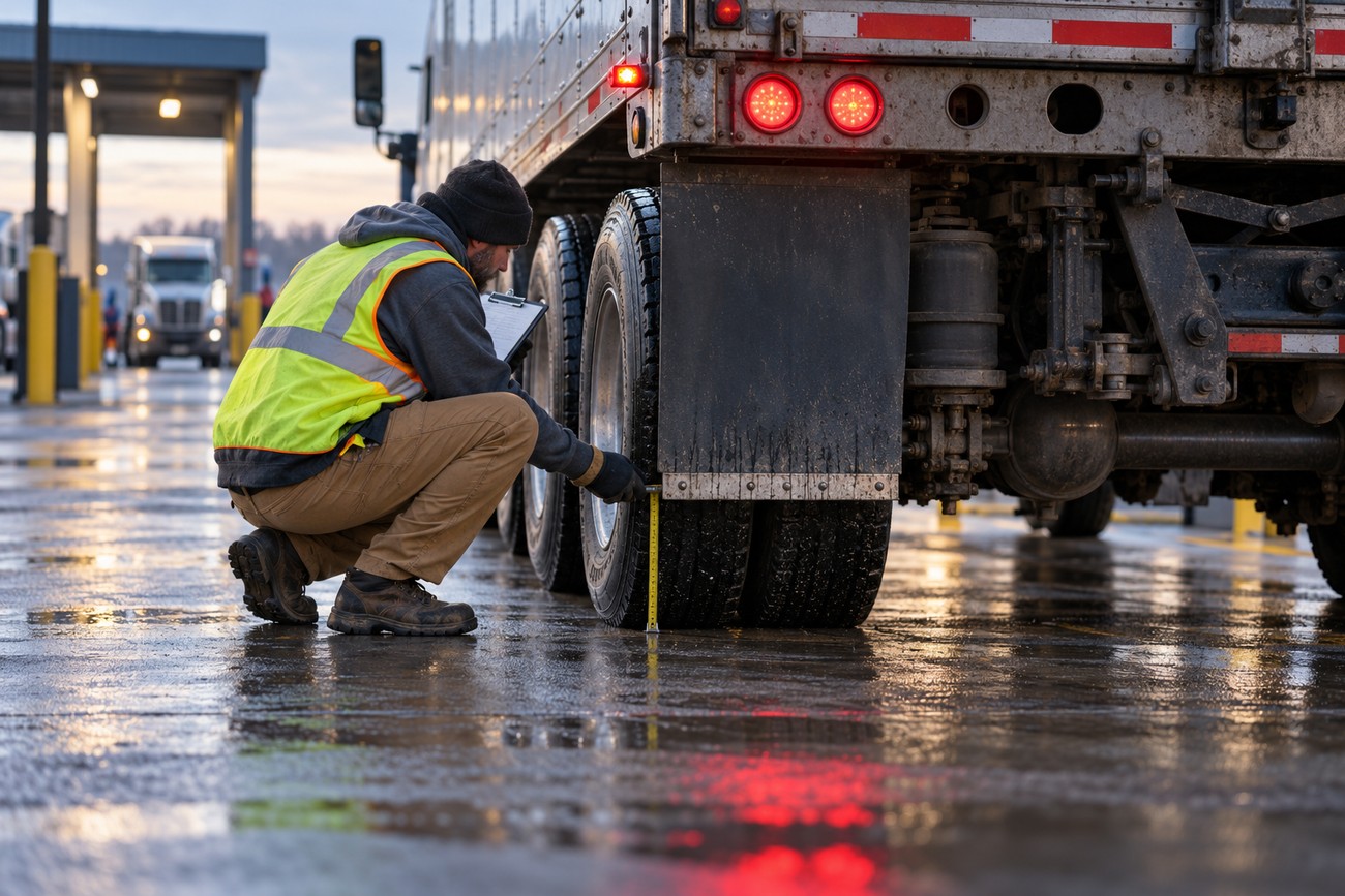 A mechanic in a high-visibility vest measuring a truck mud flap with a tape measure outdoors