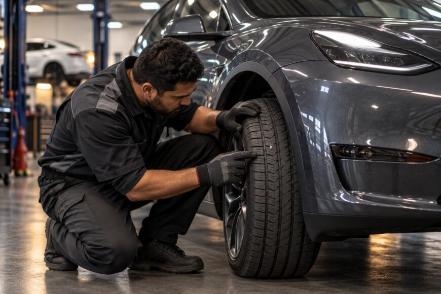 A mechanic wearing gloves kneels down and points at a nail stuck in the tire of a grey Tesla Model Y in an auto repair shop