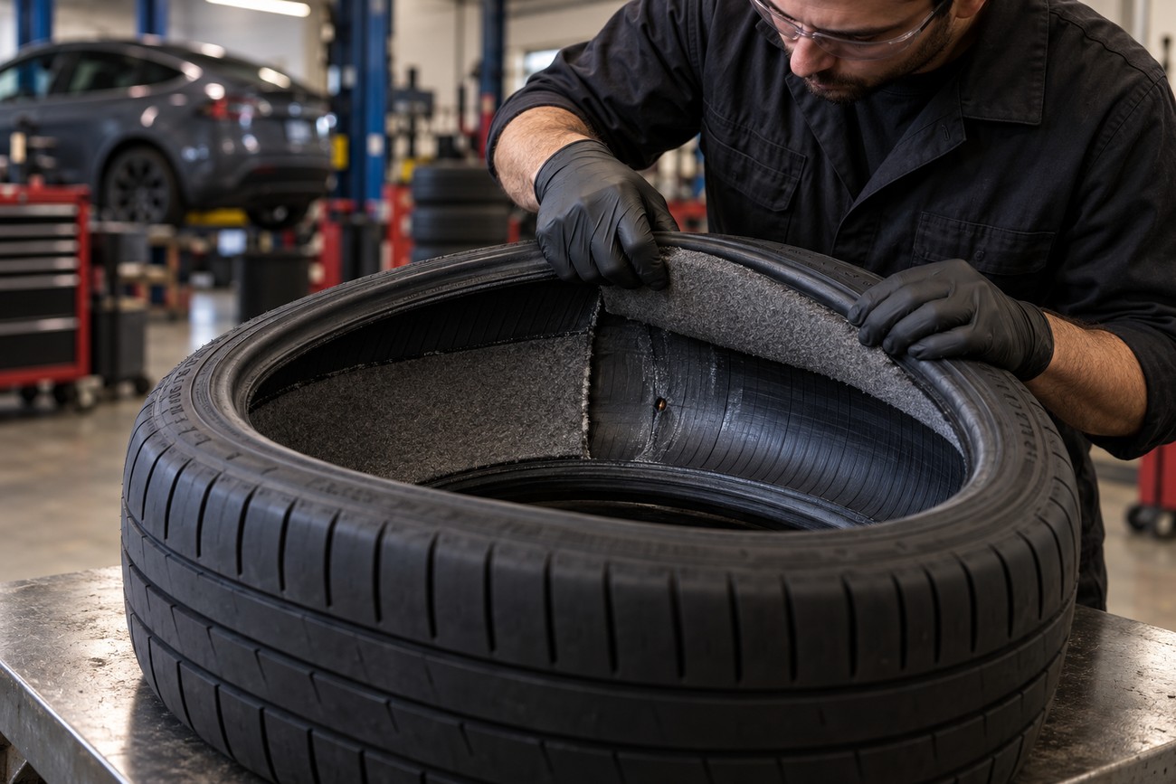 Mechanic wearing black gloves inspecting the interior foam lining and puncture of a Tesla Model Y tire
