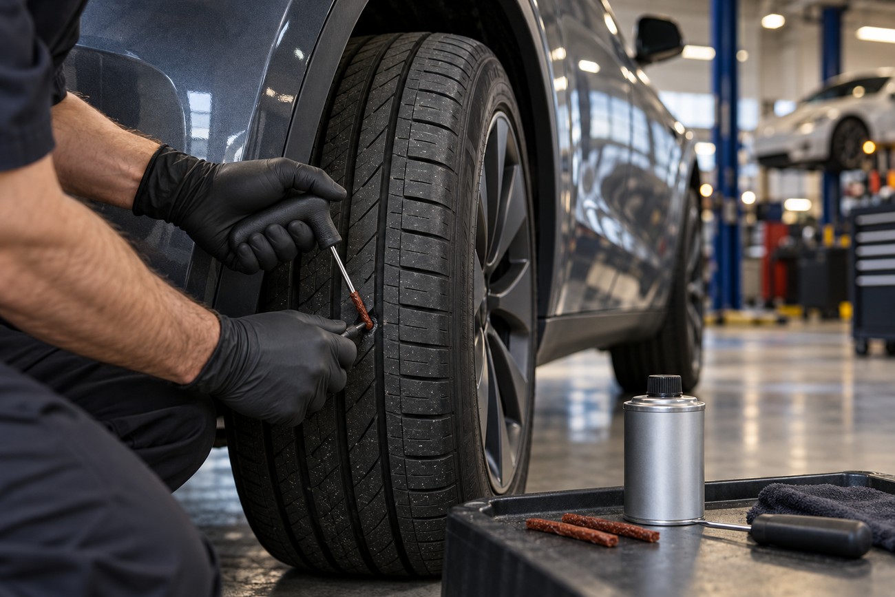 Mechanic in black gloves repairing a puncture on a Tesla Model Y tire with a plug kit
