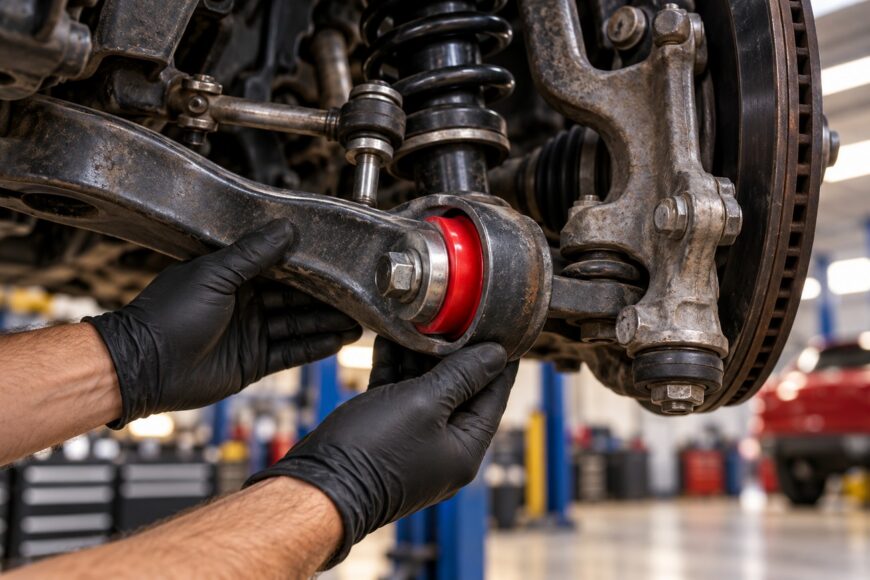 Mechanic wearing black gloves checking a red polyurethane bushing installed in a vehicle suspension control arm