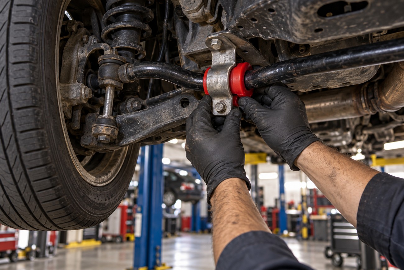 Mechanic wearing black gloves installing a red polyurethane bushing on a vehicle suspension sway bar