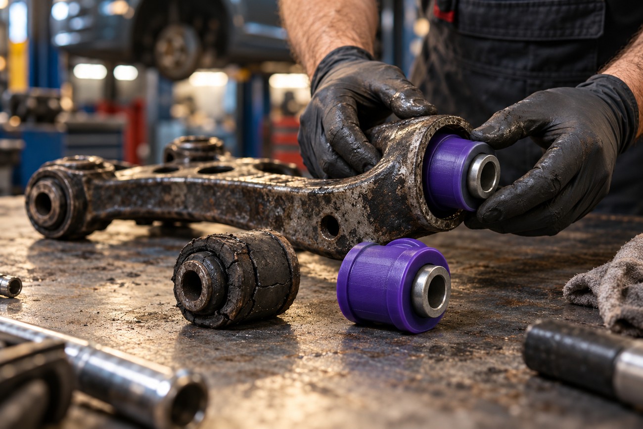 Mechanic wearing black gloves installs a purple polyurethane bushing into a rusted car suspension control arm on a workbench