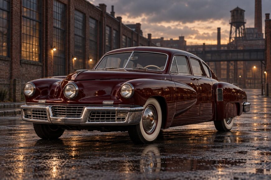 Maroon vintage Tucker 48 sedan parked on a wet cobblestone street outside an old industrial factory