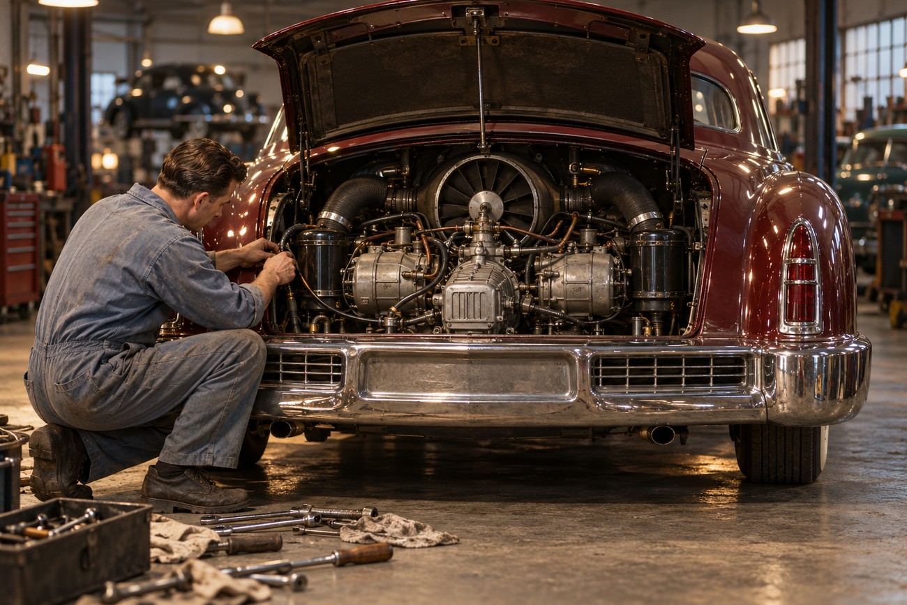 Mechanic kneeling beside a classic maroon Tucker 48 sedan inspecting its open rear engine compartment in a vintage garage