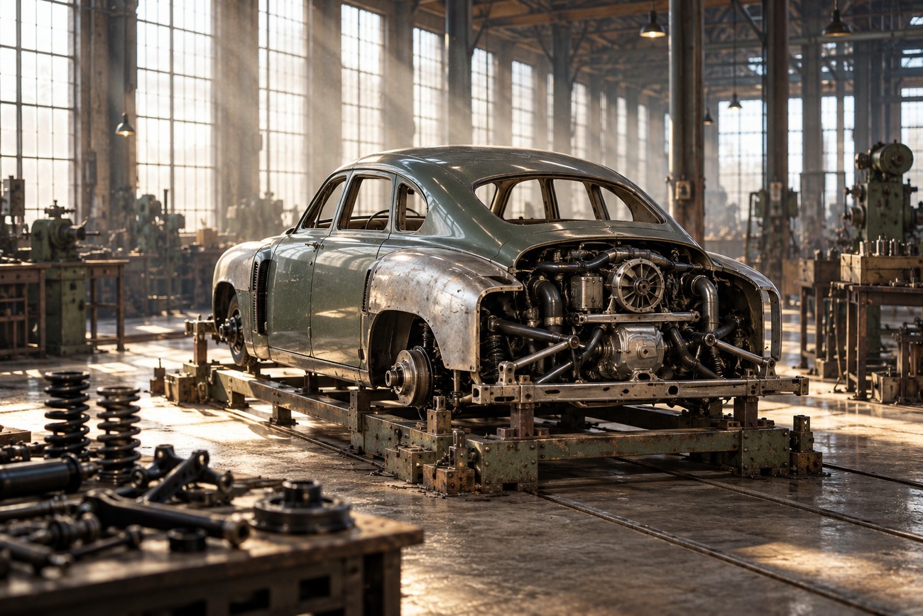 Tucker 48 sedan chassis with exposed engine components on a factory assembly line surrounded by industrial machinery