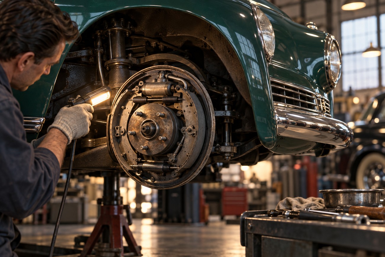 A mechanic inspecting the front drum brake and suspension of a green Tucker 48 sedan with a work light in a garage