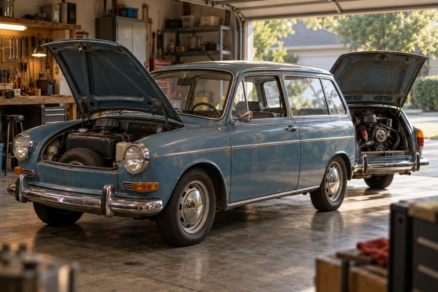 Classic blue Volkswagen Squareback wagon with open front hood and rear engine bay parked inside a workshop