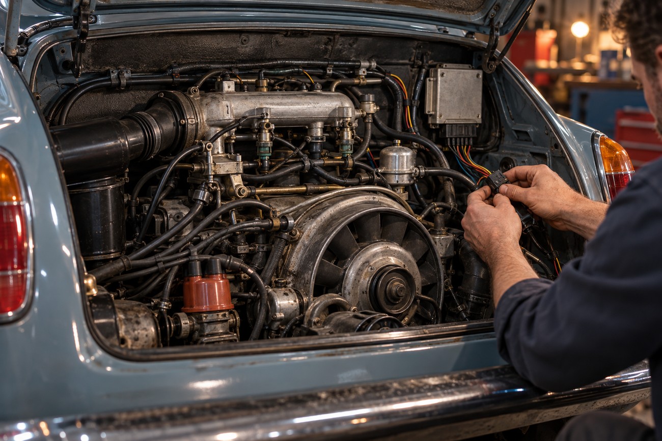 Mechanic working on the air-cooled fuel-injected engine in the back of a classic Volkswagen Squareback