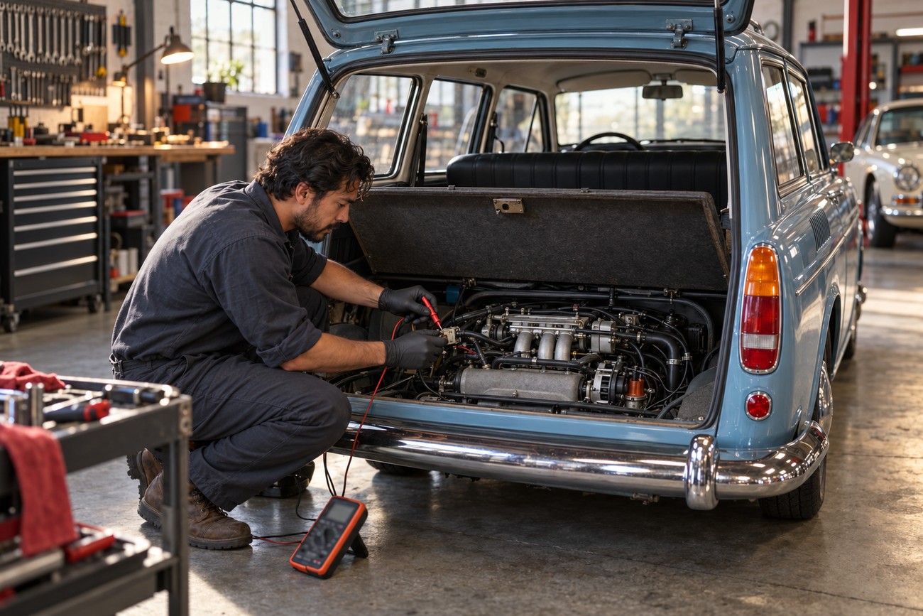 A mechanic in gloves checks the fuel injection system of a blue VW Squareback engine with a multimeter