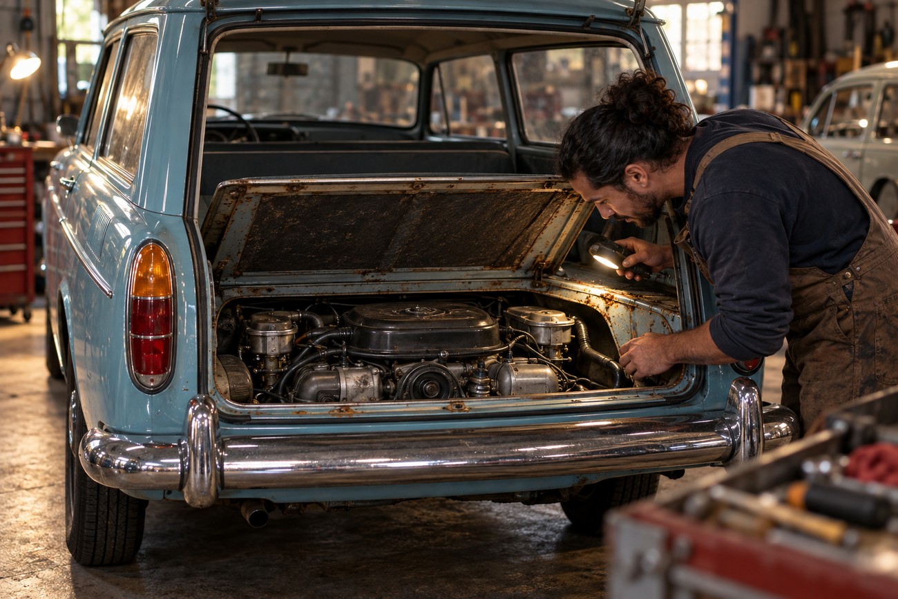 A mechanic in overalls using a flashlight to inspect the rear engine bay of a light blue classic Volkswagen Squareback wagon in a repair shop