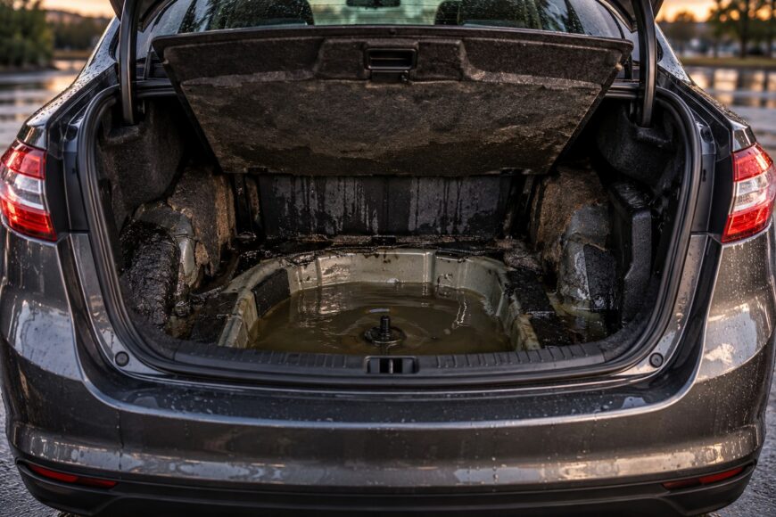 Open trunk of a Ford Fusion revealing standing water pooled inside the spare tire well with wet carpet lining
