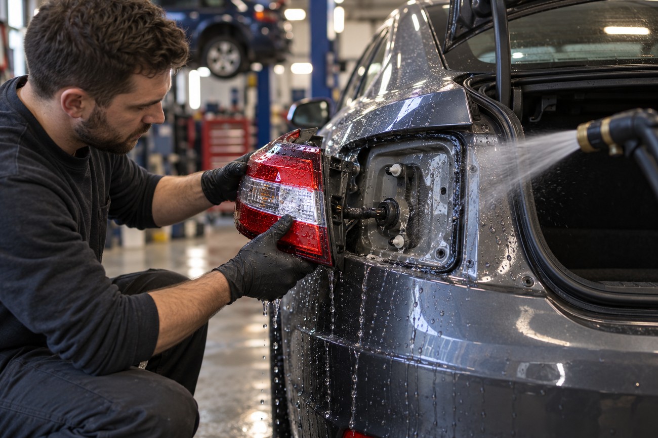 A mechanic wearing gloves sprays water from a hose onto the rear taillight assembly of a Ford Fusion to find a leak