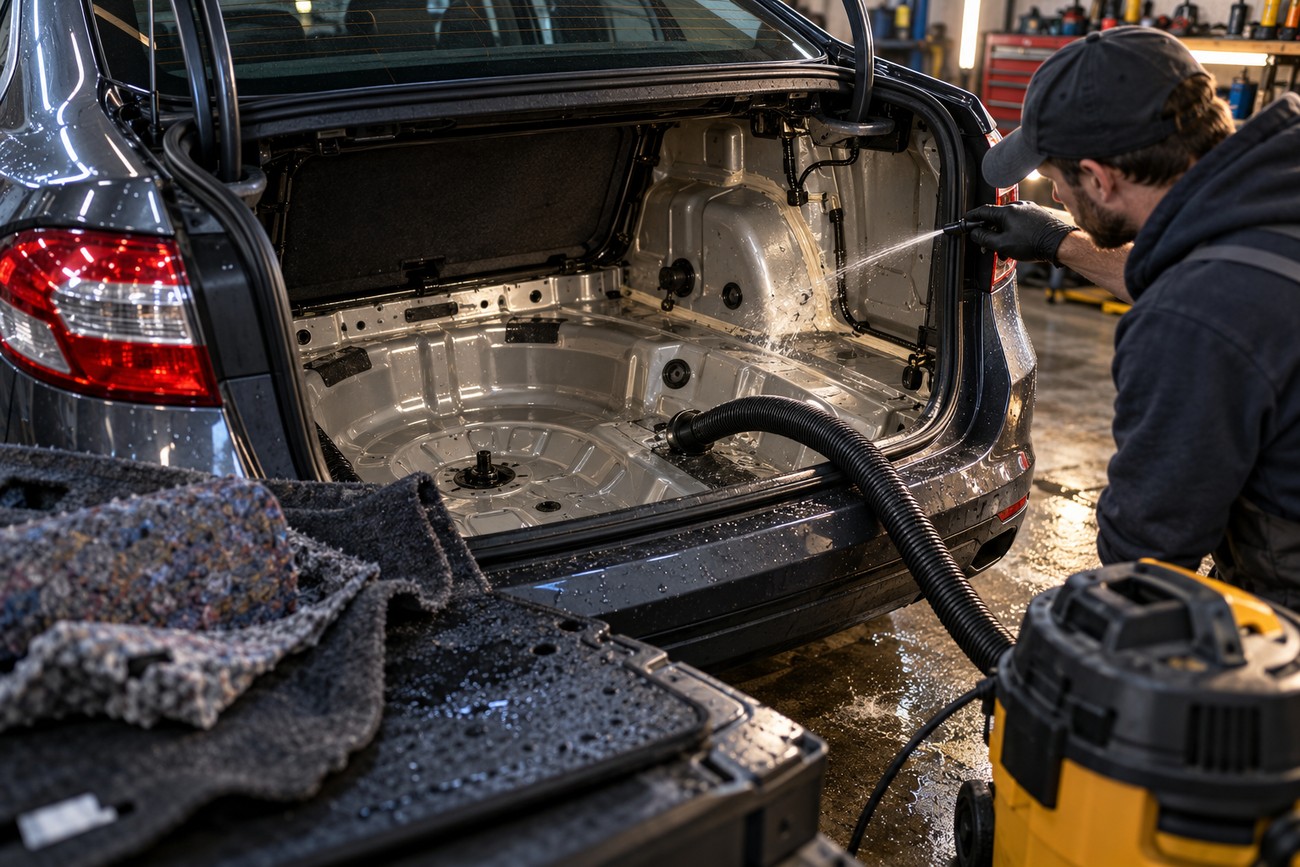 Mechanic testing for water leaks with a hose and vacuum in the stripped trunk of a Ford Fusion