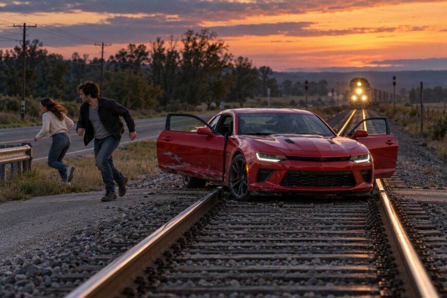 A red Chevy Camaro bottomed out on a railroad crossing with a train approaching as two people flee