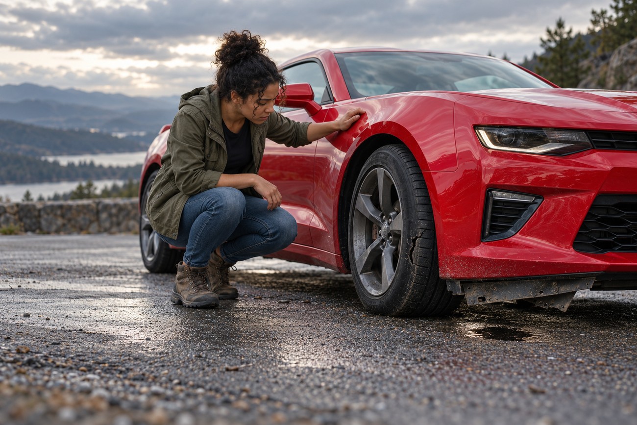 A woman crouching down on the wet asphalt to inspect the damaged front bumper and undercarriage of her red Chevy Camaro