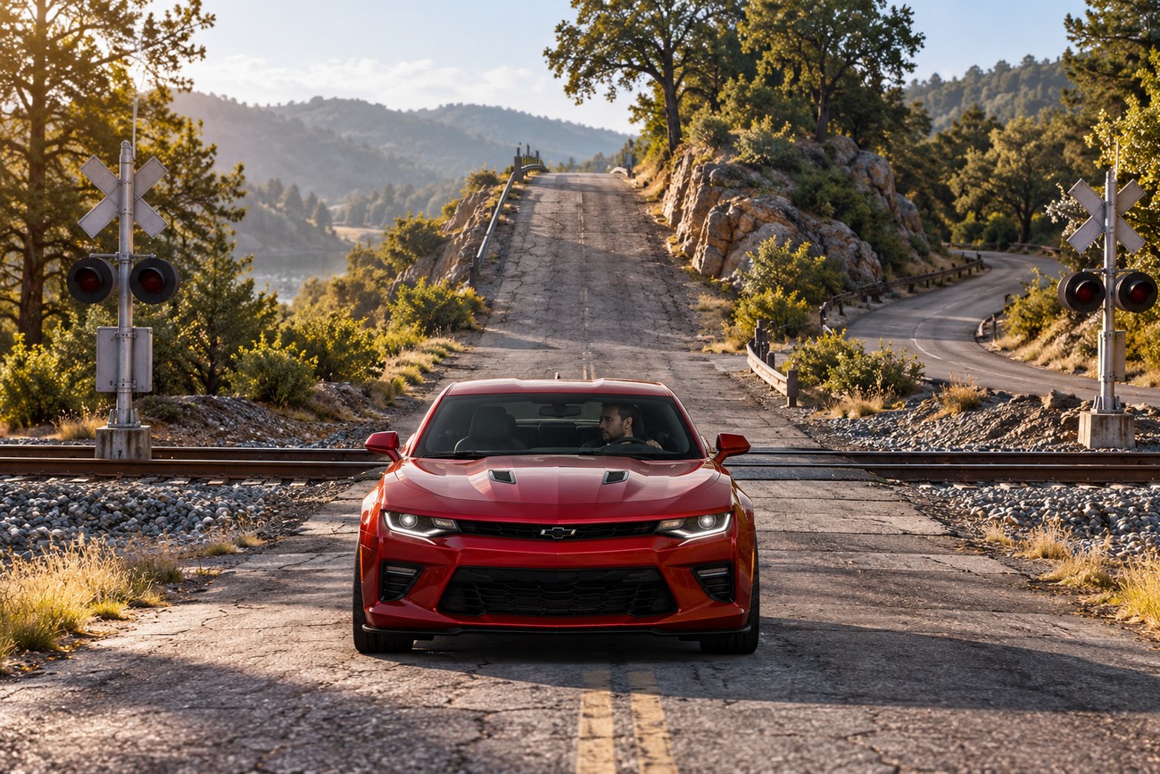 A red Chevy Camaro stopped on a bumpy railroad crossing with a steep road ahead