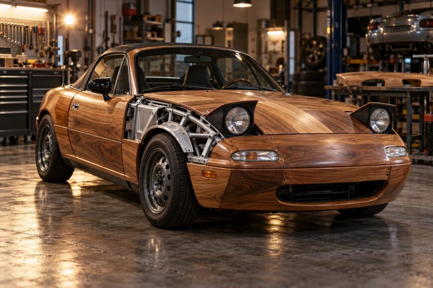 A custom Mazda Miata with a partially finished wooden body sits in a well-lit workshop with exposed metal framework near the front wheel